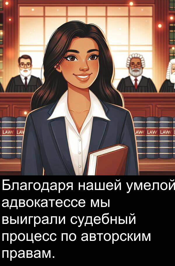 правам: Благодаря нашей умелой адвокатессе мы выиграли судебный процесс по авторским правам.