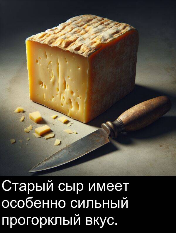 прогорклый: Старый сыр имеет особенно сильный прогорклый вкус.