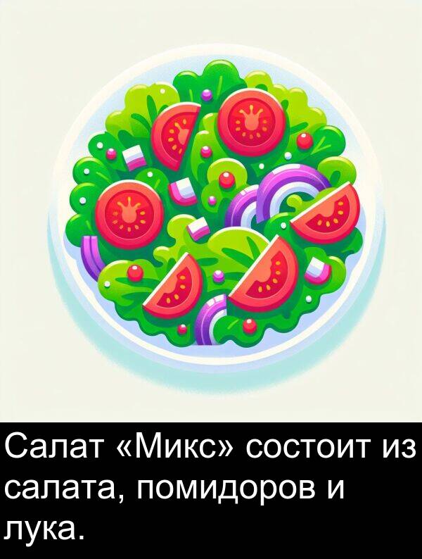 состоит: Салат «Микс» состоит из салата, помидоров и лука.