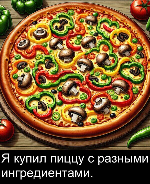 купил: Я купил пиццу с разными ингредиентами.