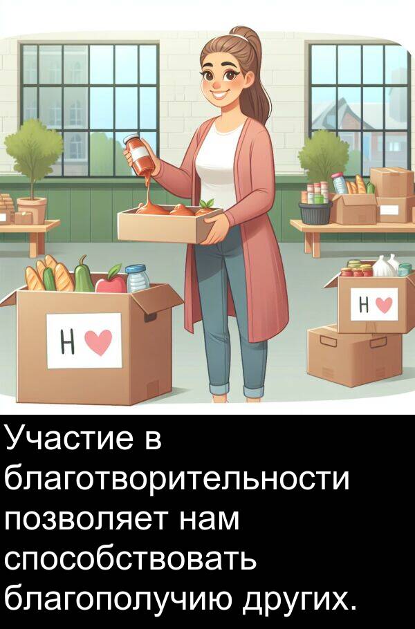способствовать: Участие в благотворительности позволяет нам способствовать благополучию других.