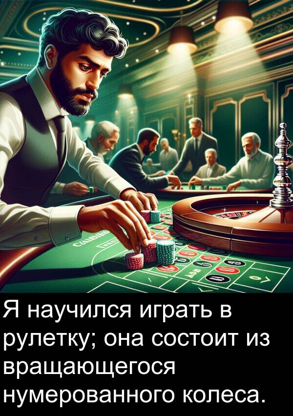 колеса: Я научился играть в рулетку; она состоит из вращающегося нумерованного колеса.