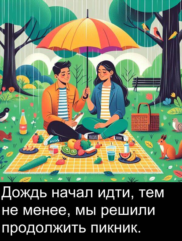 продолжить: Дождь начал идти, тем не менее, мы решили продолжить пикник.