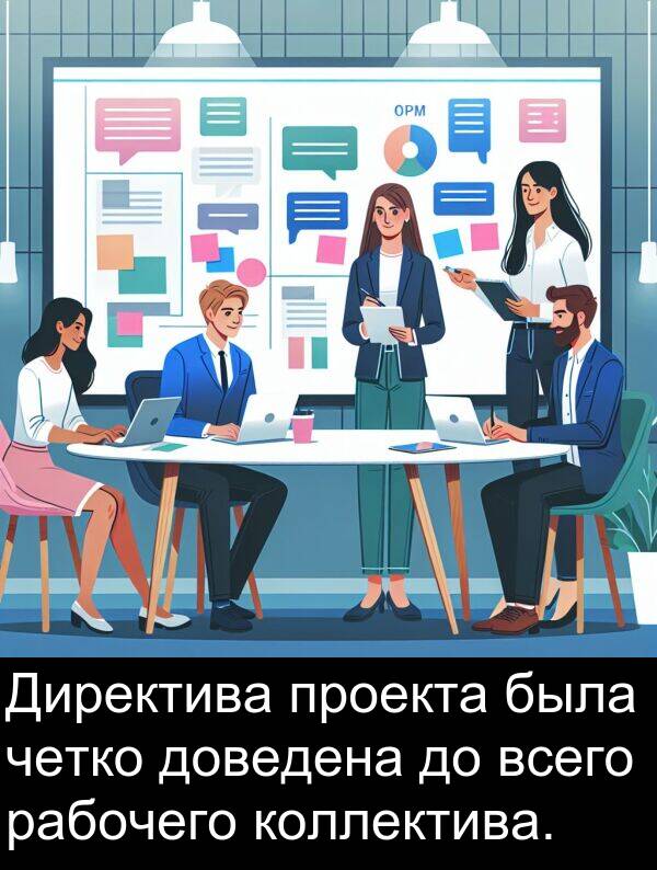 коллектива: Директива проекта была четко доведена до всего рабочего коллектива.
