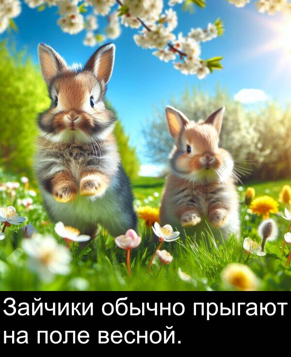 прыгают: Зайчики обычно прыгают на поле весной.