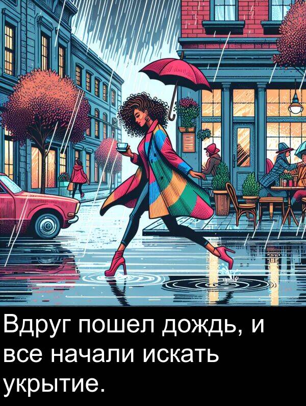 пошел: Вдруг пошел дождь, и все начали искать укрытие.