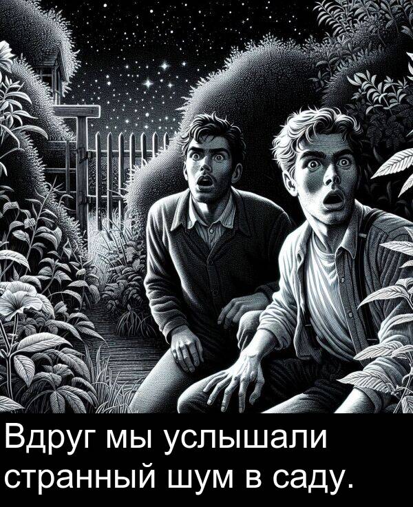 саду: Вдруг мы услышали странный шум в саду.