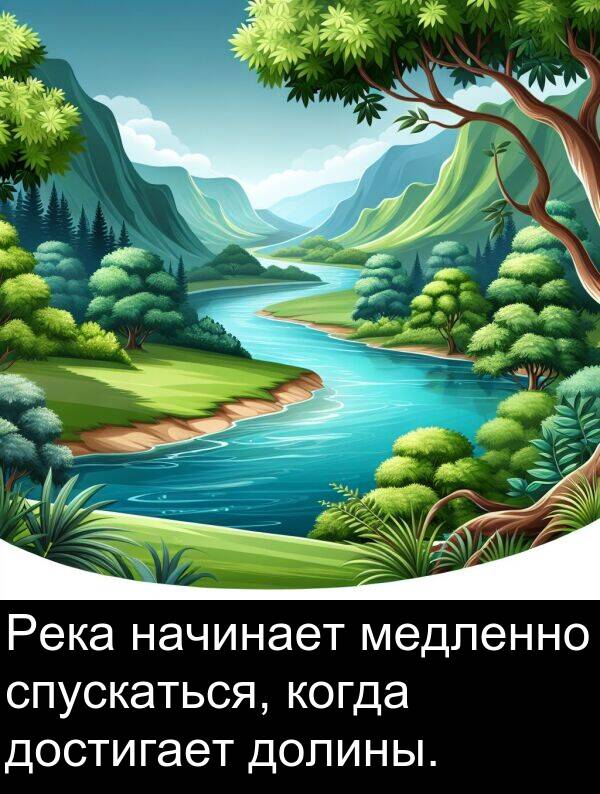 когда: Река начинает медленно спускаться, когда достигает долины.