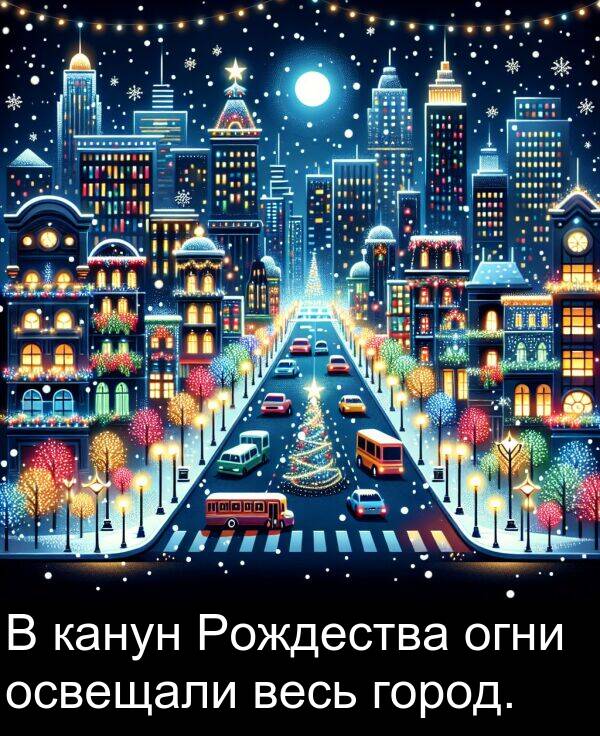 весь: В канун Рождества огни освещали весь город.