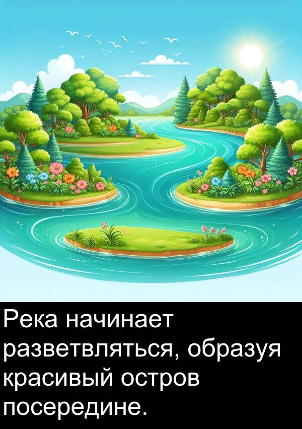 красивый: Река начинает разветвляться, образуя красивый остров посередине.
