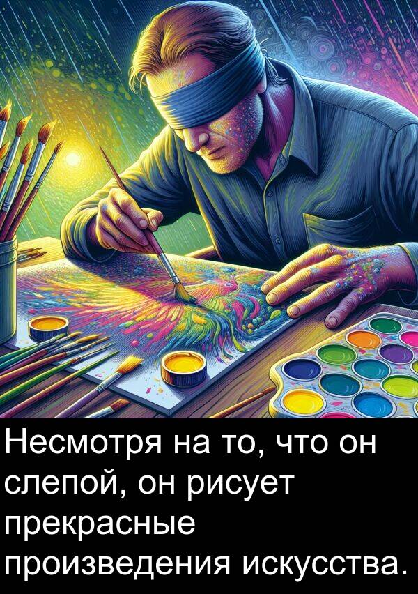 произведения: Несмотря на то, что он слепой, он рисует прекрасные произведения искусства.