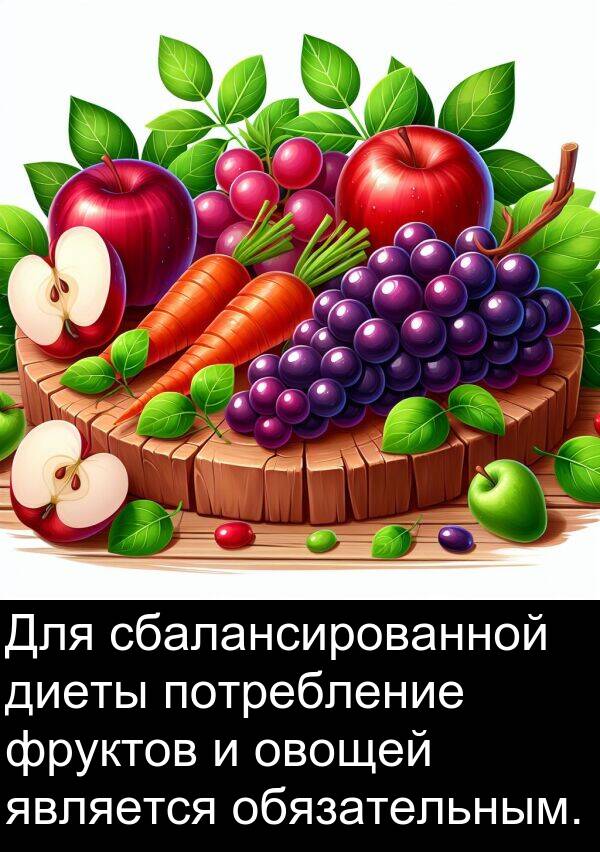потребление: Для сбалансированной диеты потребление фруктов и овощей является обязательным.