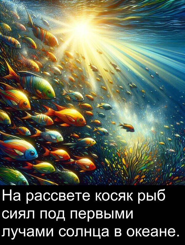 косяк: На рассвете косяк рыб сиял под первыми лучами солнца в океане.
