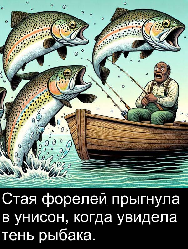 когда: Стая форелей прыгнула в унисон, когда увидела тень рыбака.