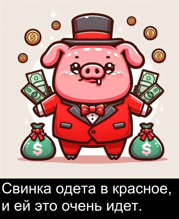 красное: Свинка одета в красное, и ей это очень идет.