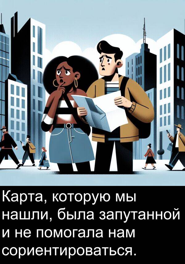 которую: Карта, которую мы нашли, была запутанной и не помогала нам сориентироваться.