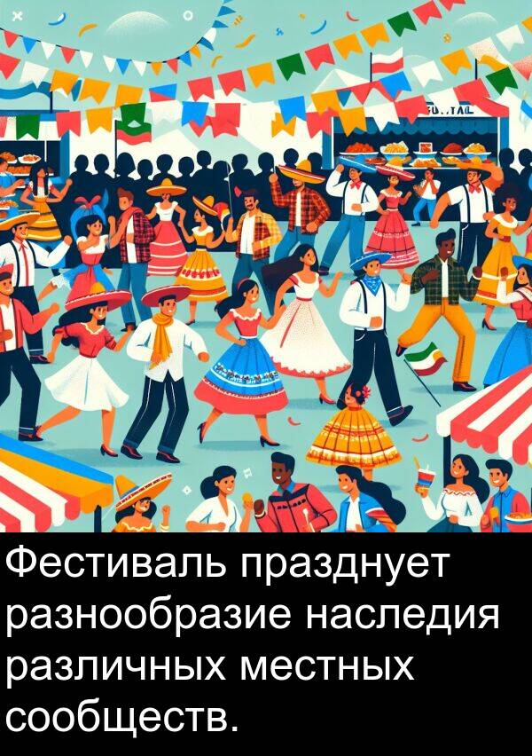 празднует: Фестиваль празднует разнообразие наследия различных местных сообществ.