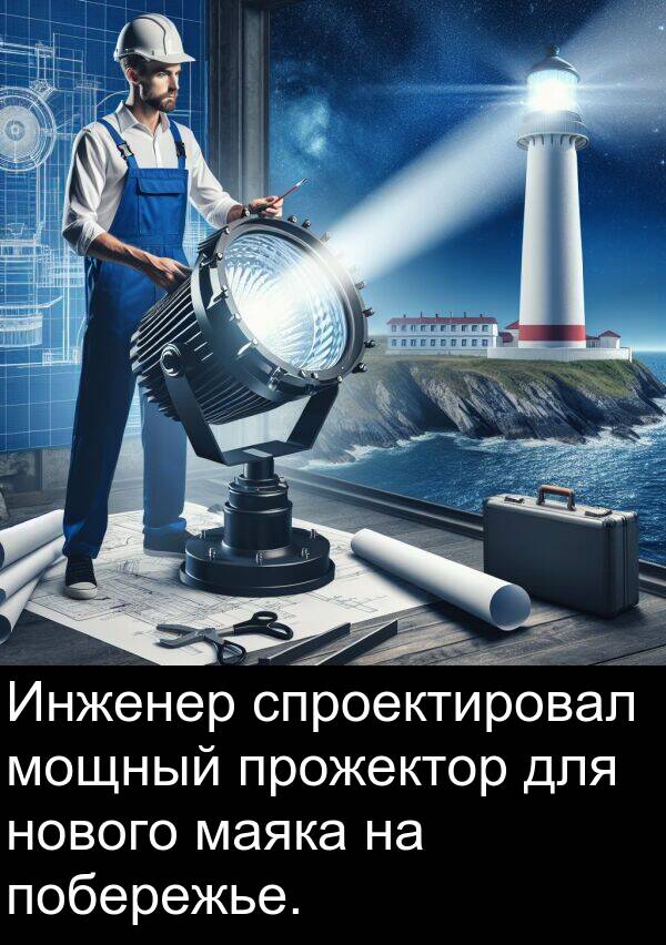 прожектор: Инженер спроектировал мощный прожектор для нового маяка на побережье.
