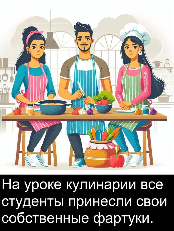 принесли: На уроке кулинарии все студенты принесли свои собственные фартуки.