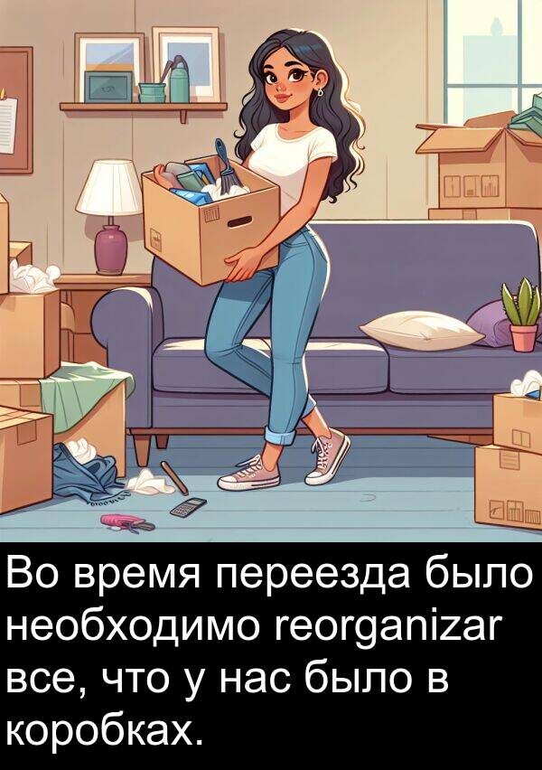 коробках: Во время переезда было необходимо reorganizar все, что у нас было в коробках.