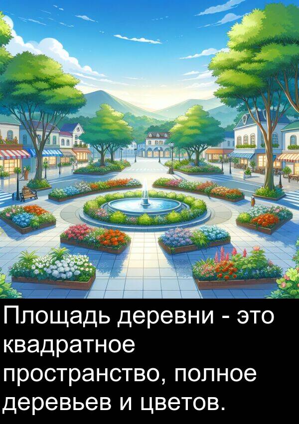 пространство: Площадь деревни - это квадратное пространство, полное деревьев и цветов.