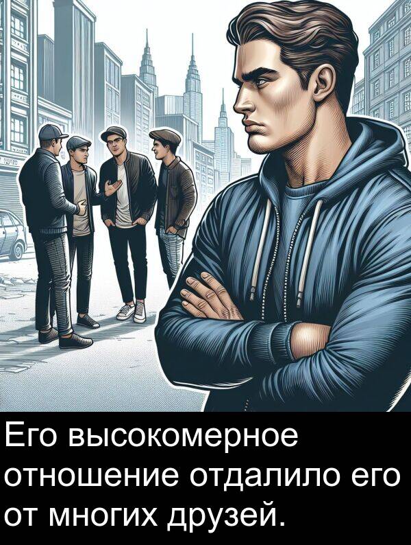 высокомерное: Его высокомерное отношение отдалило его от многих друзей.