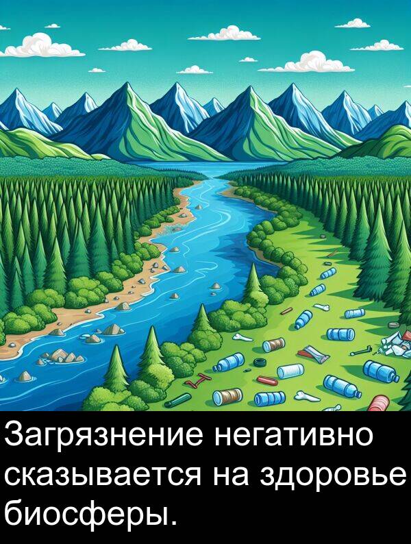 негативно: Загрязнение негативно сказывается на здоровье биосферы.