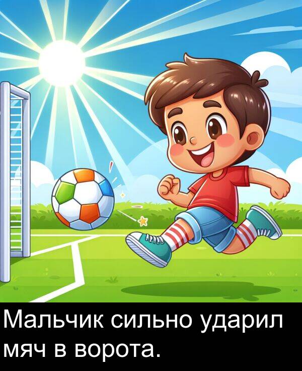 ворота: Мальчик сильно ударил мяч в ворота.