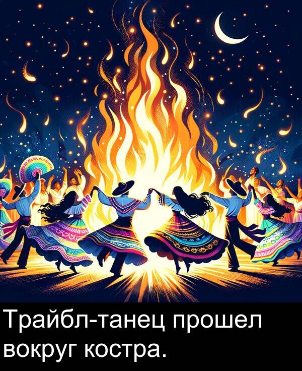 прошел: Трайбл-танец прошел вокруг костра.