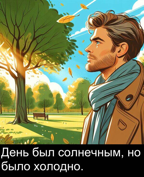 солнечным: День был солнечным, но было холодно.