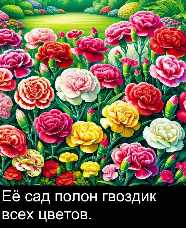 полон: Её сад полон гвоздик всех цветов.