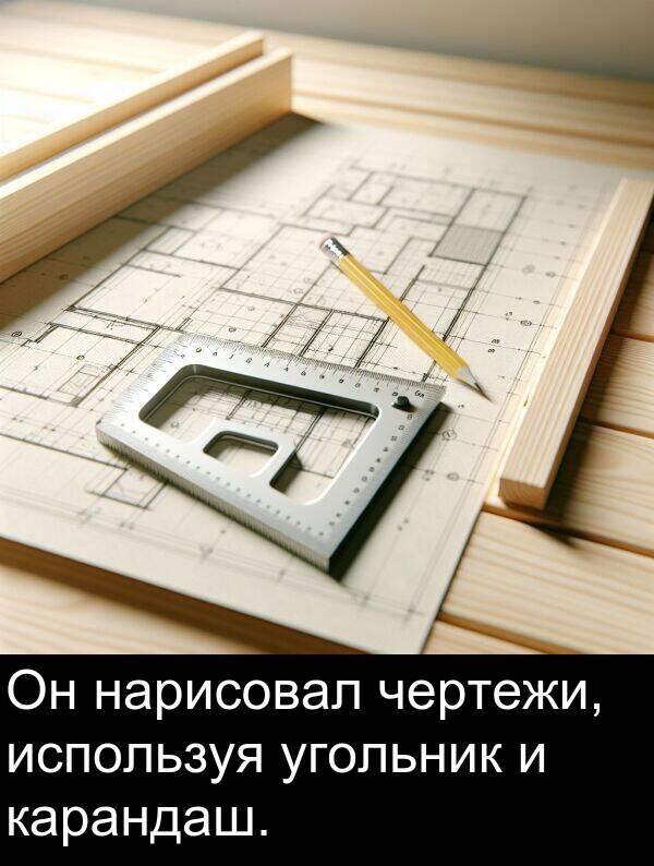 чертежи: Он нарисовал чертежи, используя угольник и карандаш.