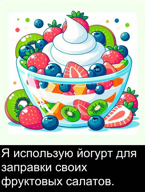 своих: Я использую йогурт для заправки своих фруктовых салатов.