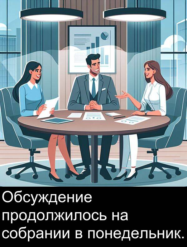 продолжилось: Обсуждение продолжилось на собрании в понедельник.