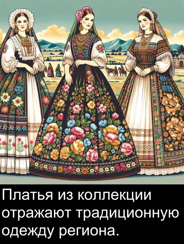 коллекции: Платья из коллекции отражают традиционную одежду региона.