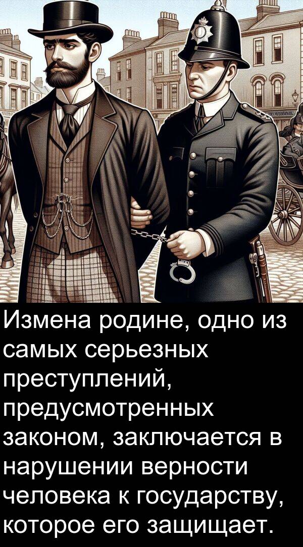 преступлений: Измена родине, одно из самых серьезных преступлений, предусмотренных законом, заключается в нарушении верности человека к государству, которое его защищает.
