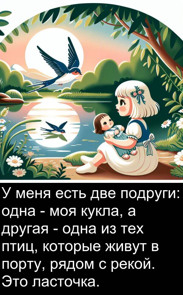 кукла: У меня есть две подруги: одна - моя кукла, а другая - одна из тех птиц, которые живут в порту, рядом с рекой. Это ласточка.