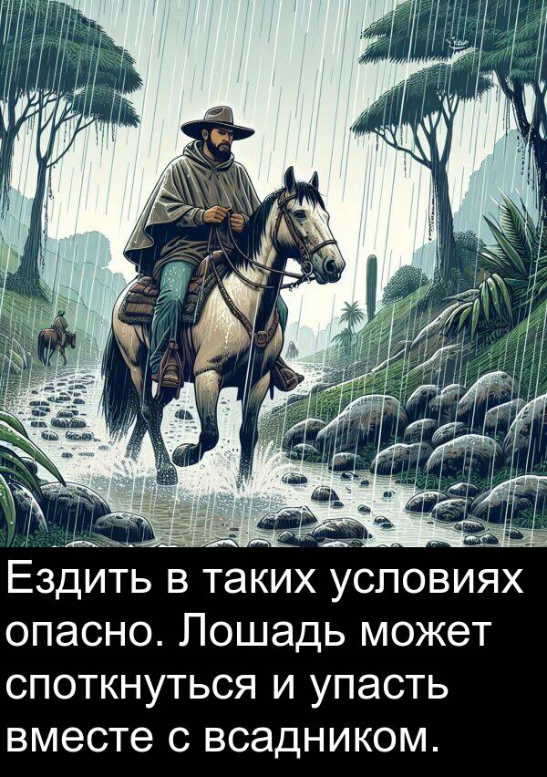всадником: Ездить в таких условиях опасно. Лошадь может споткнуться и упасть вместе с всадником.