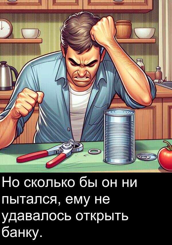 банку: Но сколько бы он ни пытался, ему не удавалось открыть банку.