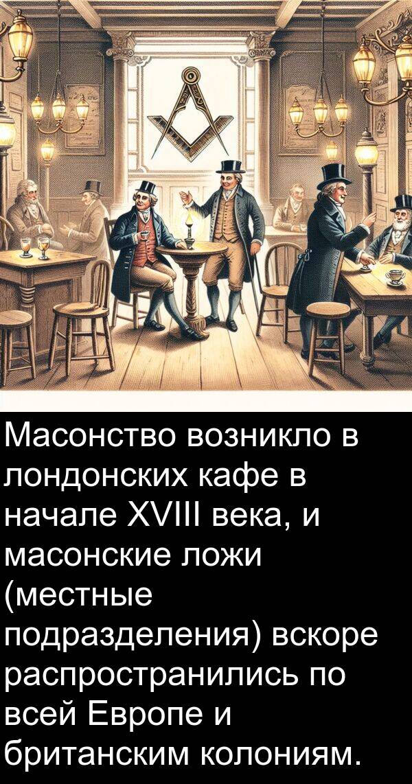 колониям: Масонство возникло в лондонских кафе в начале XVIII века, и масонские ложи (местные подразделения) вскоре распространились по всей Европе и британским колониям.