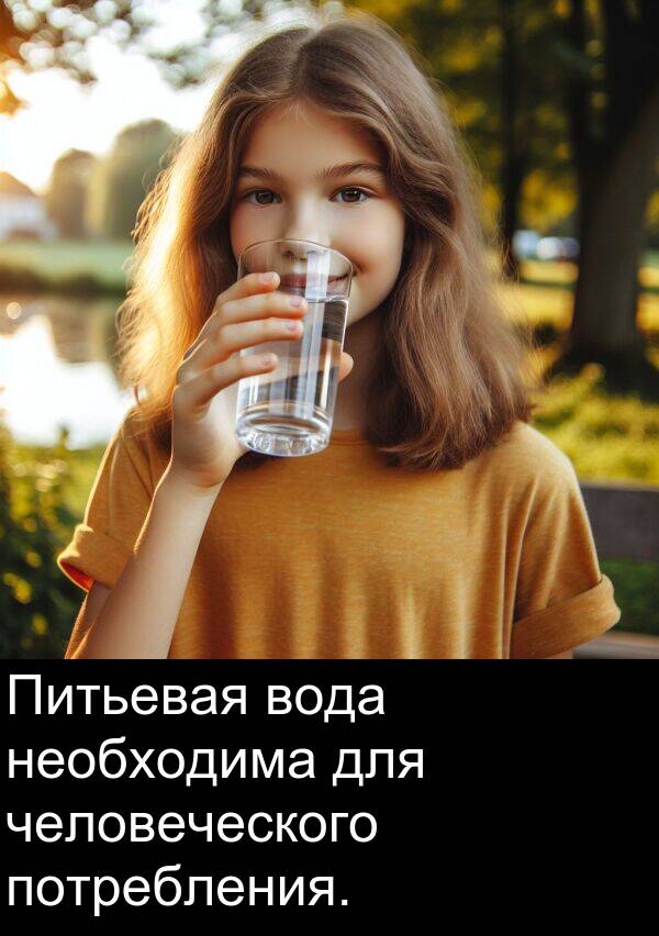 потребления: Питьевая вода необходима для человеческого потребления.