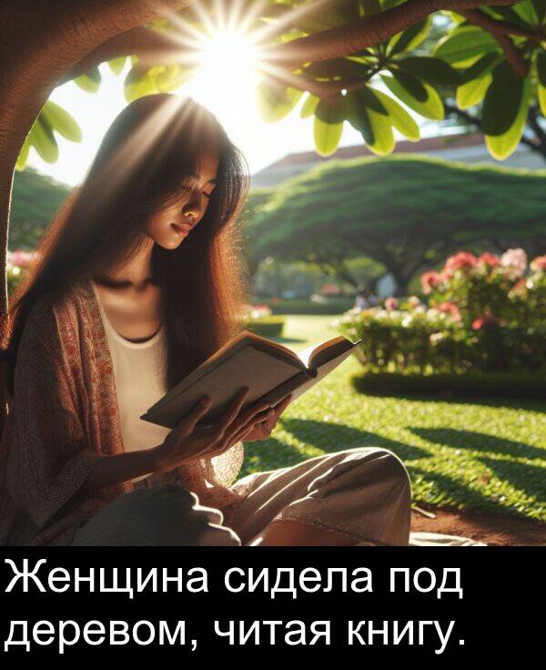 книгу: Женщина сидела под деревом, читая книгу.
