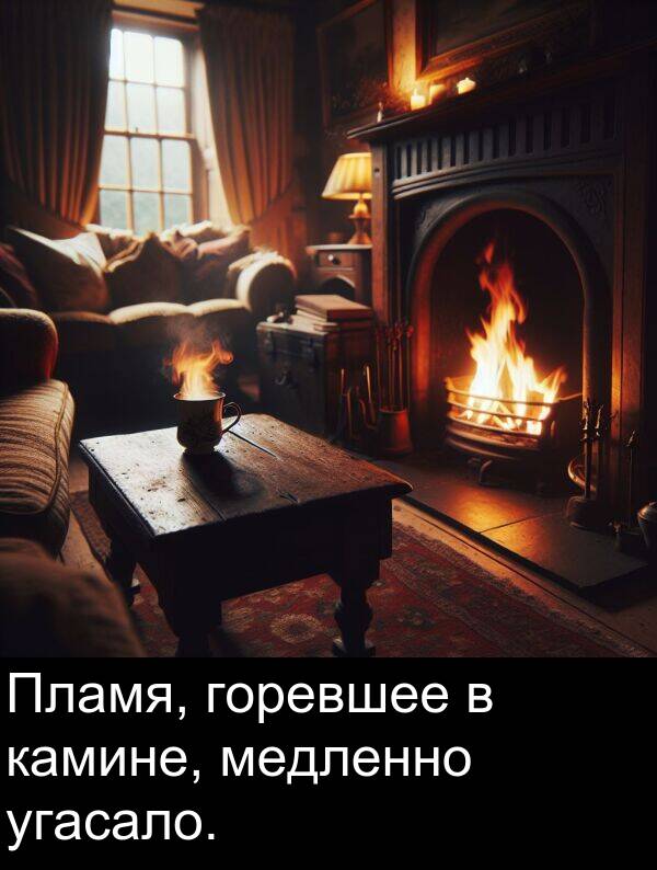 угасало: Пламя, горевшее в камине, медленно угасало.