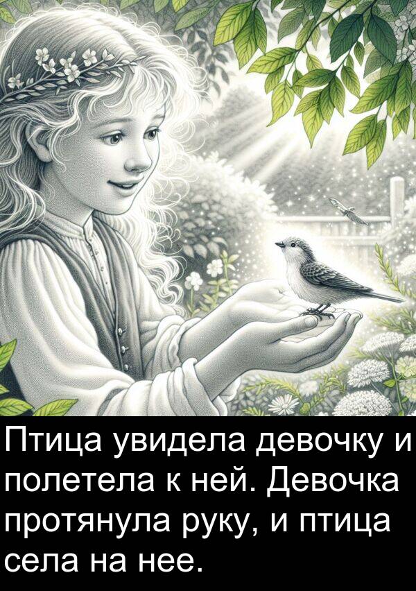 протянула: Птица увидела девочку и полетела к ней. Девочка протянула руку, и птица села на нее.