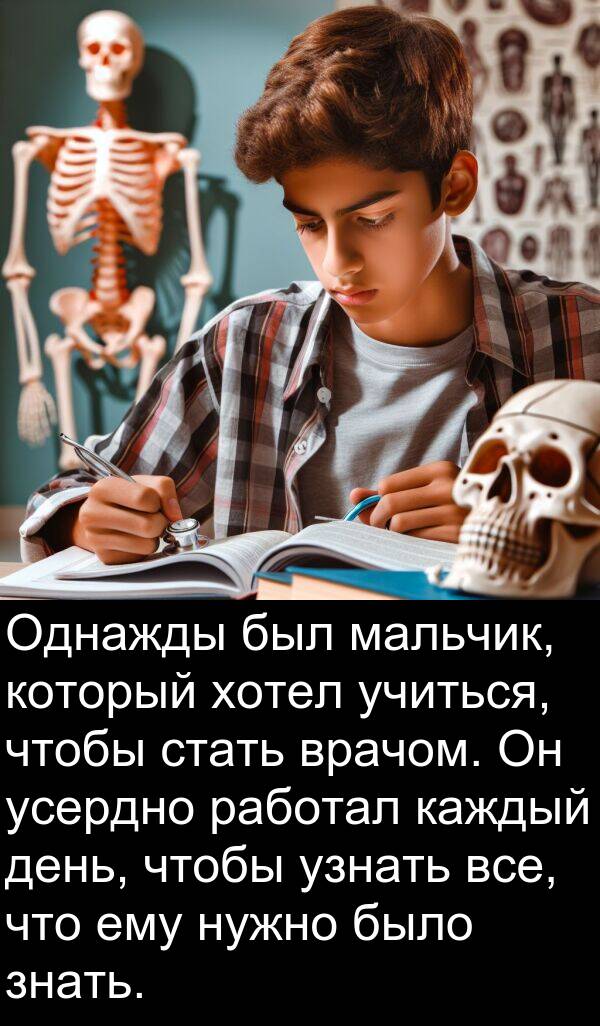 узнать: Однажды был мальчик, который хотел учиться, чтобы стать врачом. Он усердно работал каждый день, чтобы узнать все, что ему нужно было знать.