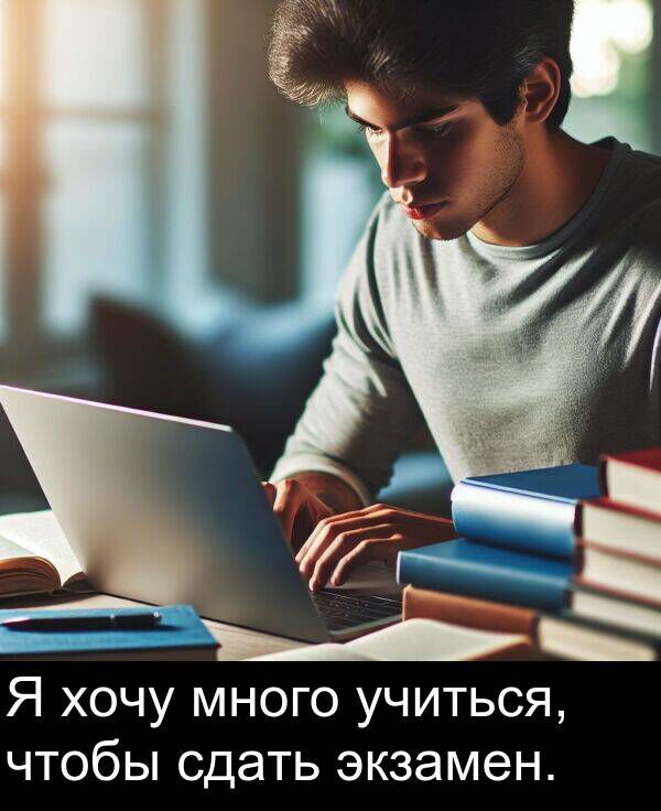 учиться: Я хочу много учиться, чтобы сдать экзамен.