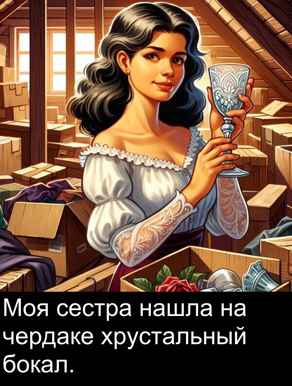 чердаке: Моя сестра нашла на чердаке хрустальный бокал.