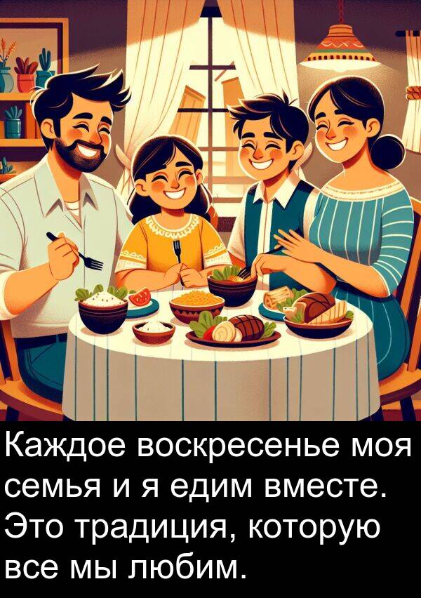 которую: Каждое воскресенье моя семья и я едим вместе. Это традиция, которую все мы любим.