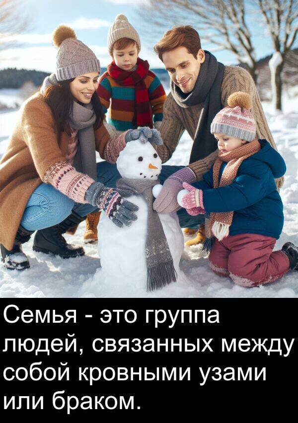 кровными: Семья - это группа людей, связанных между собой кровными узами или браком.