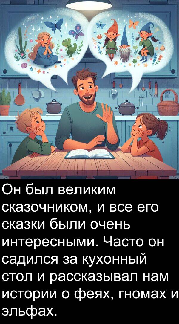 стол: Он был великим сказочником, и все его сказки были очень интересными. Часто он садился за кухонный стол и рассказывал нам истории о феях, гномах и эльфах.